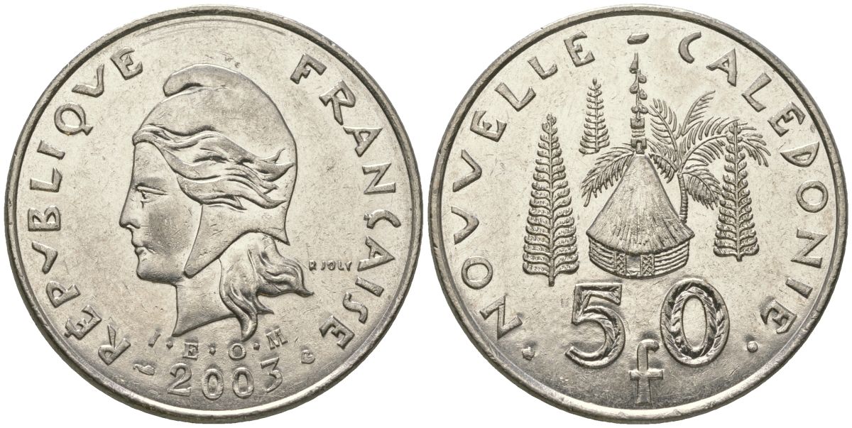 Французская Новая Каледония 50 франков 2003 хижина среди сосен и пальм, (IEOM) KM 13, Schoen 15, Lec 121 никель 111-815