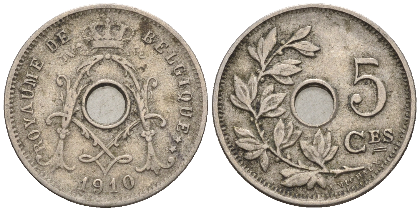 Бельгия 5 сантимов 1910 Belgique, Альберт I (1909-1934) KM 66 медно-никель 4609-251