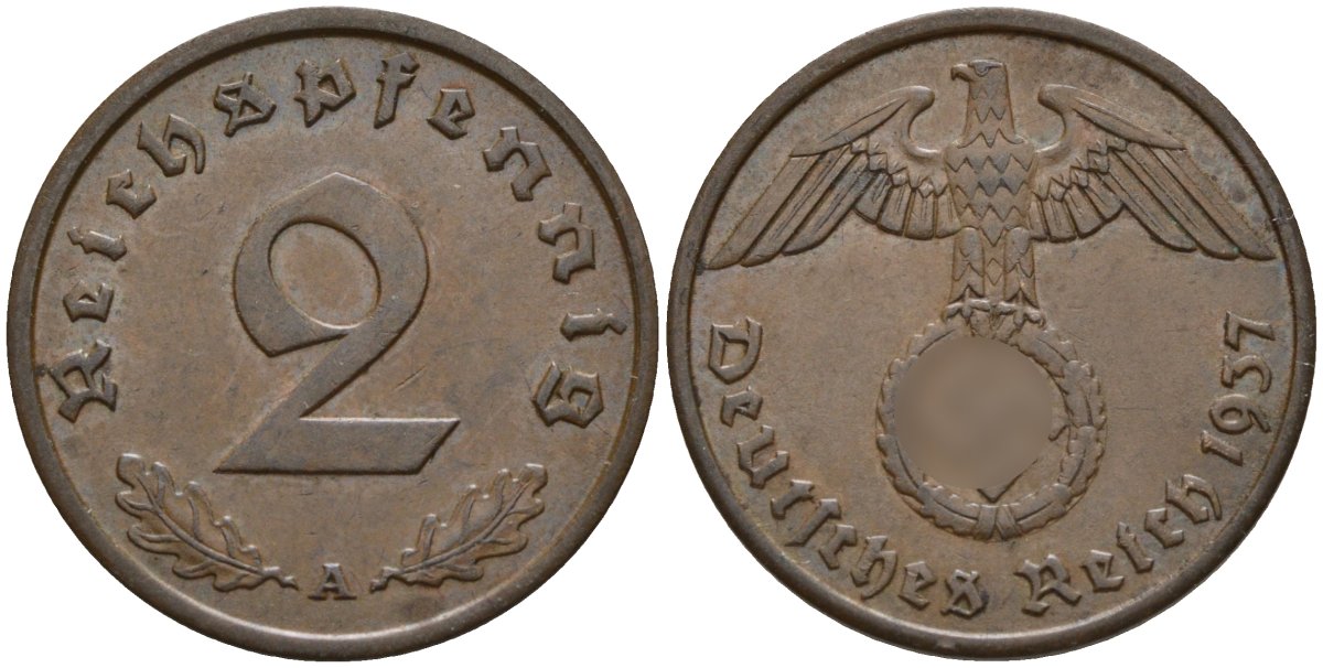 Германия 2 рейхспфеннига 1937 A KM 90, J. 362 бронза 4147-1253