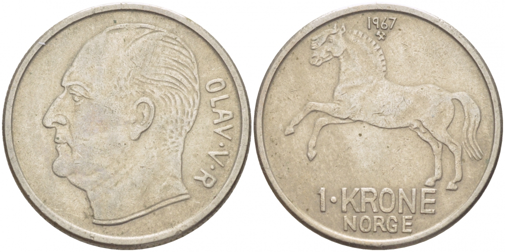 НОРВЕГИЯ 1 КРОНА 1967 ЛОШАДЬ KM 409 медно-никель 4448-452