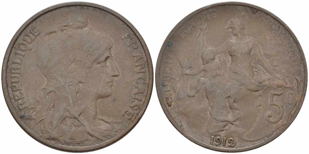 ФРАНЦИЯ 5 САНТИМОВ 1912 ТИП ДАНИЭЛЬ ДЮПЮИ KM 842, LE FRANC 119.24 бронза 108-935