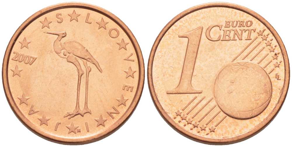СЛОВЕНИЯ 1 ЕВРОЦЕНТ 2007 БЕЛЫЙ АИСТ KM 68 сталь плакированная медью UNC 214-417