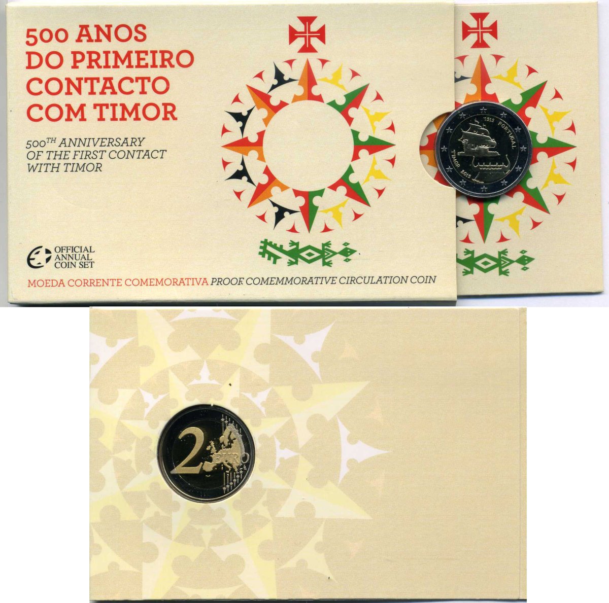 Португалия 2 евро 2015 500 лет первому контакту с Тимором, запайка, картонный буклет KM 849 биметалл PROOF 3-4-8-56