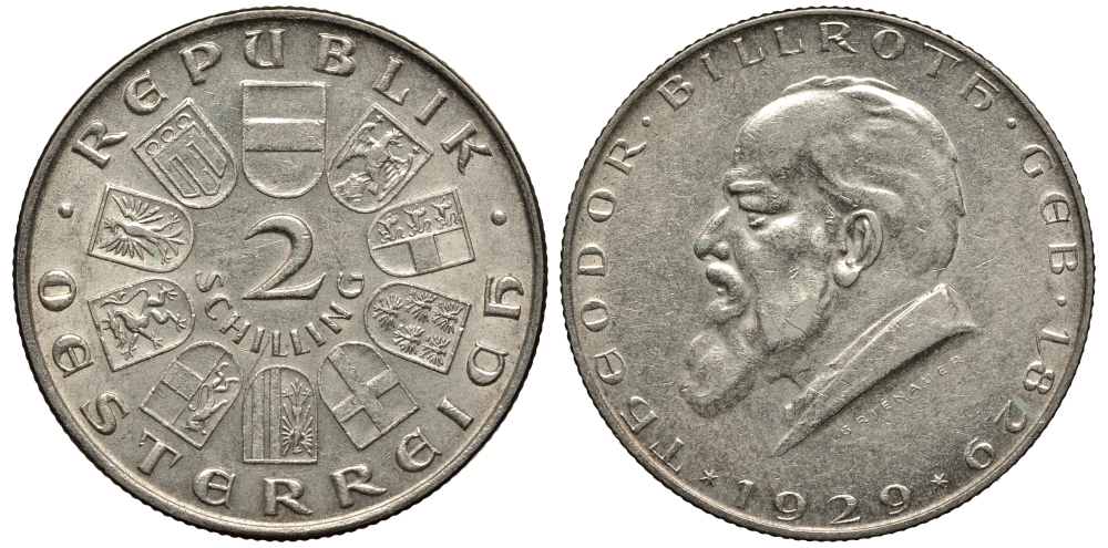 Австрия 2 шиллинга 1929 100 лет со дня рождения Теодора Бильрота KM 2844 серебро 413-5822