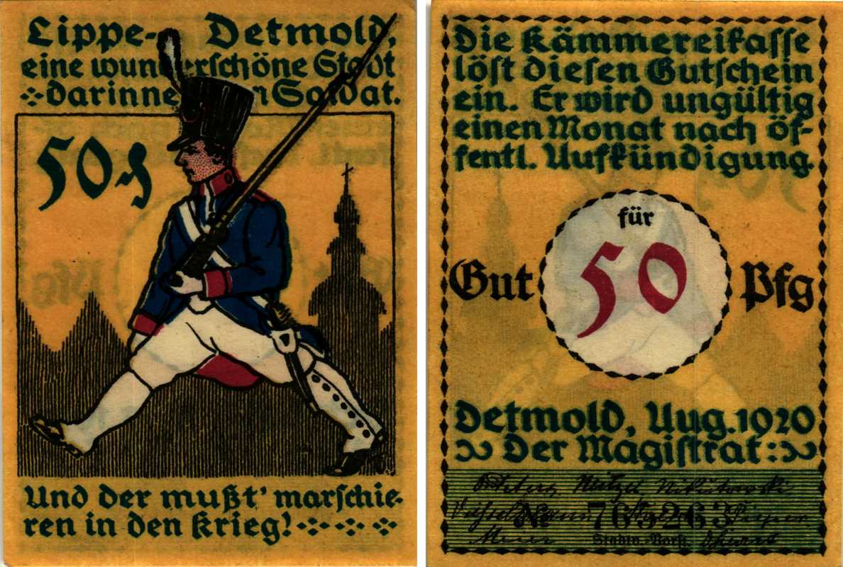 ДЕТМОЛЬД, ЛИППЕ, ГЕРМАНИЯ 50 ПФЕННИГОВ 1920 НОТГЕЛЬД, АВГУСТ 1920, ЗЕМЛЯ СЕВЕРНЫЙ РЕЙН-ВЕСТФАЛИЯ, НОМЕР ЧЁРНЫЙ, БУМАГА ЖЁЛТАЯ, ТЕКСТ ГОЛУБОЙ ARNOLD KELLER 268.5а бумага 7553-39-2-2