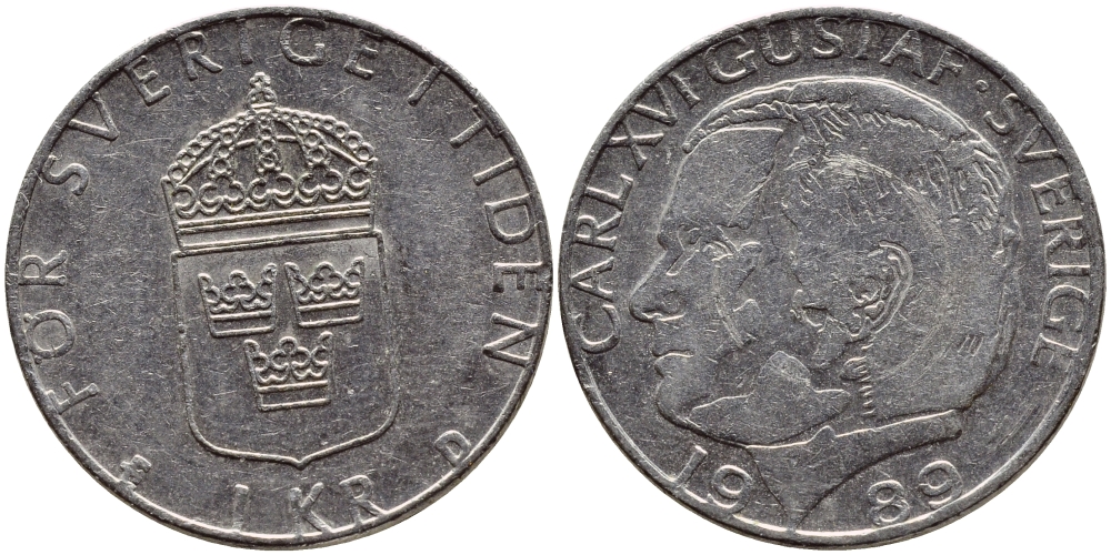 Швеция 1 крона 1989 Карл XVI Густав (1973- ) KM 852a медно-никель 4397-1234