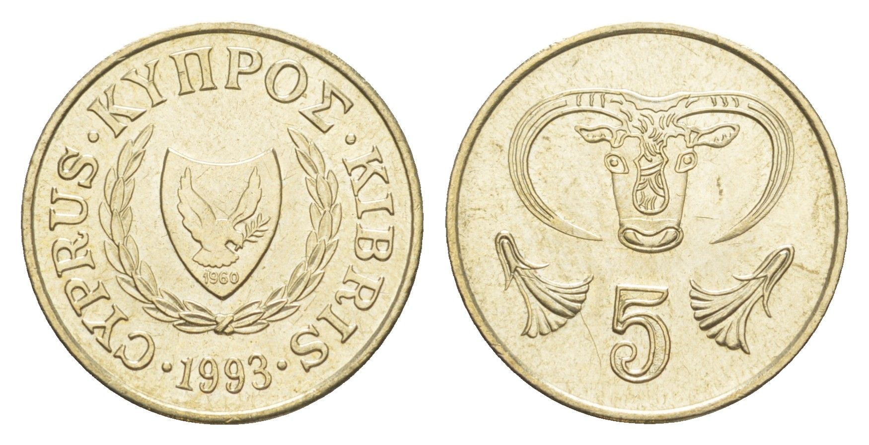Кипр 5 центов 1993 голова быка KM 55.3 никель латунь UNC 4649-1164
