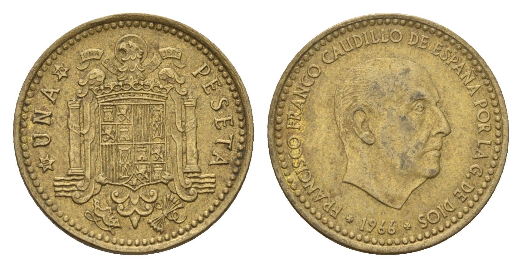Испания 1 песета 1966 (70) Франсиско Франко (1939-1975) KM 796 алюминиевая бронза 4708-418