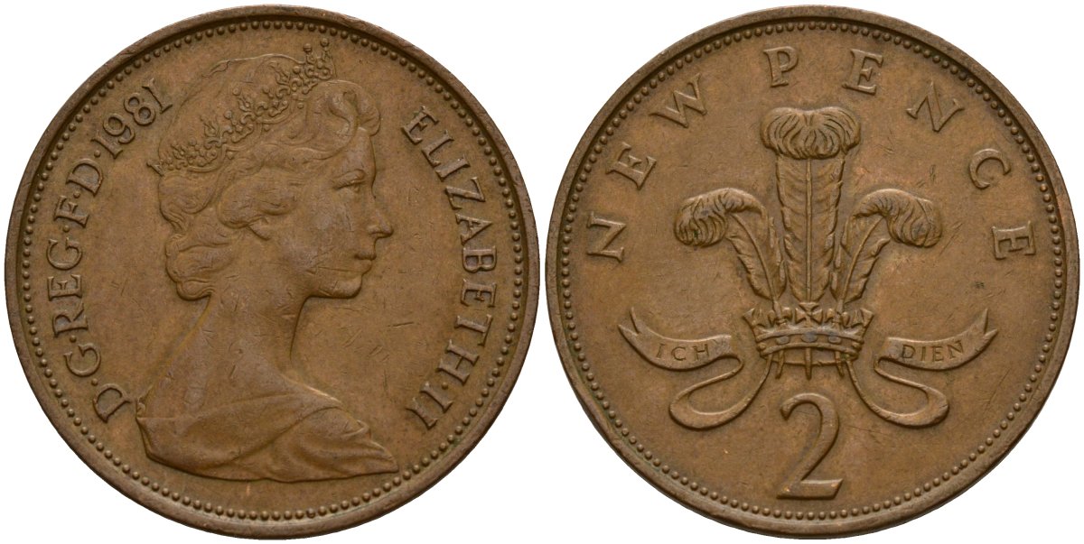 Великобритания 2 пенса 1981 Елизавета II (1952-2022) KM 916, Spink 4235 (C1) бронза 4156-522