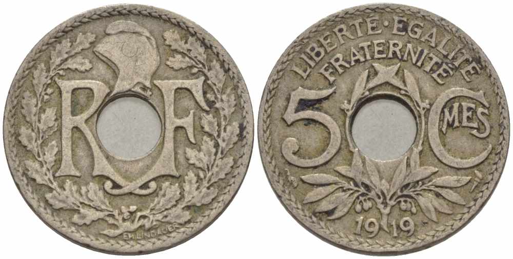 Франция 5 сантимов 1919 тип Линдайё KM 865, Le Franc 121.3 медно-никель 4379-1141