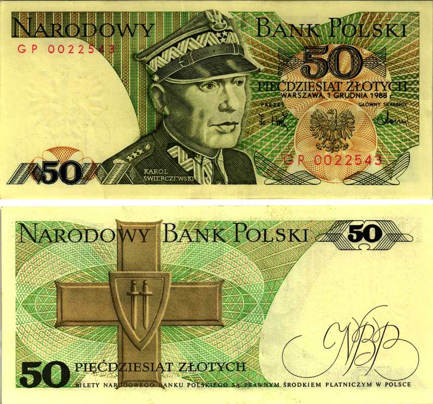 Польша 50 злотых 1988 Кароль Сверчевский, знак Грюнвальдского ордена Pick 142 c бумага 7487-30-1-2