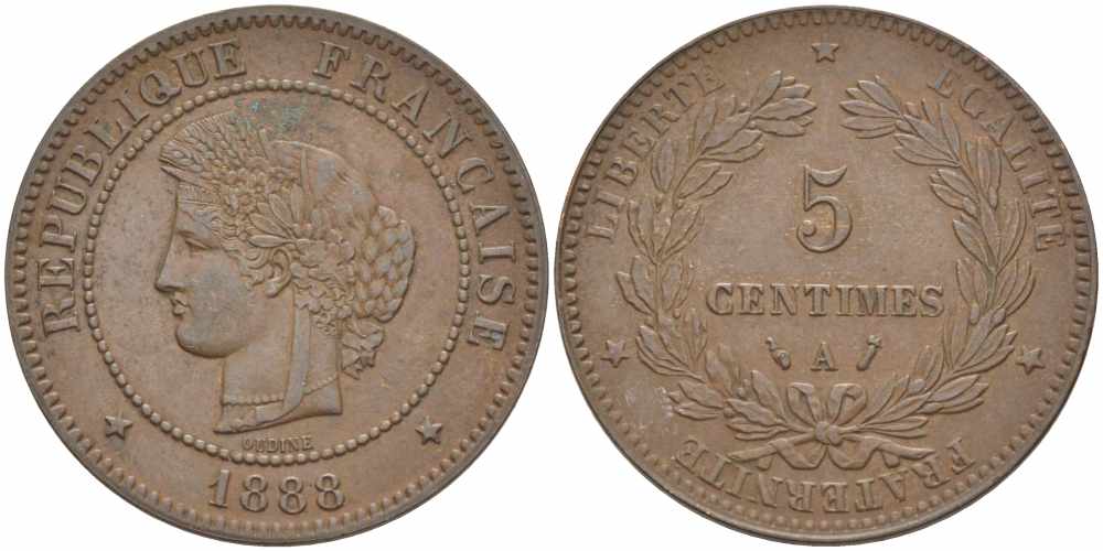 ФРАНЦИЯ 5 САНТИМОВ 1888 A, ТРЕТЬЯ РЕСПУБЛИКА (1871-1940) KM 821.1, LE FRANC 118.31 бронза 108-733