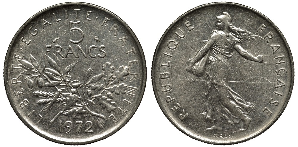 Франция 5 франков 1972 сеятель KM 926a.1, Le Franc 341.4 медно-никель плакированный никелем 3855-912