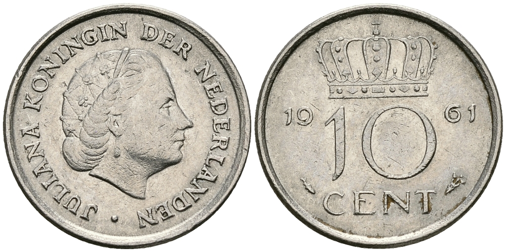НИДЕРЛАНДЫ 10 ЦЕНТОВ 1961 ЮЛИАНА KM 182 никель 96-462