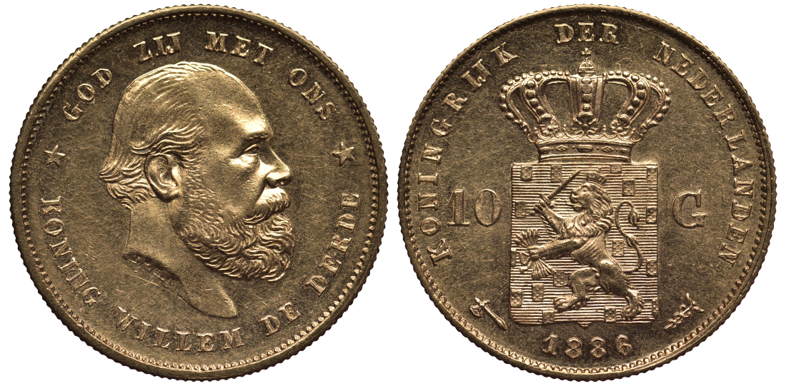Нидерланды 10 гульденов 1886 Виллем III KM 106 золото UNC 00-808-03