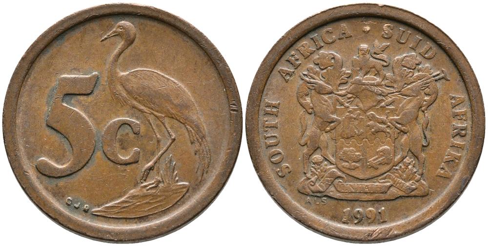 ЮАР 5 центов 1991 синий журавль, герб KM 134 сталь плакированная медью 3336-1227