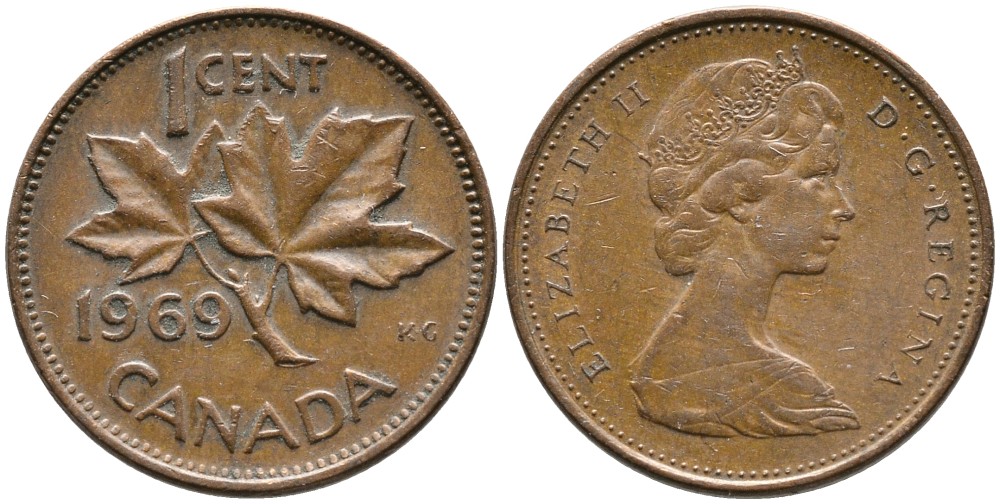 Канада 1 цент 1969 Елизавета II (1952-2022), кленовый лист KM 59.1 бронза 4528-733