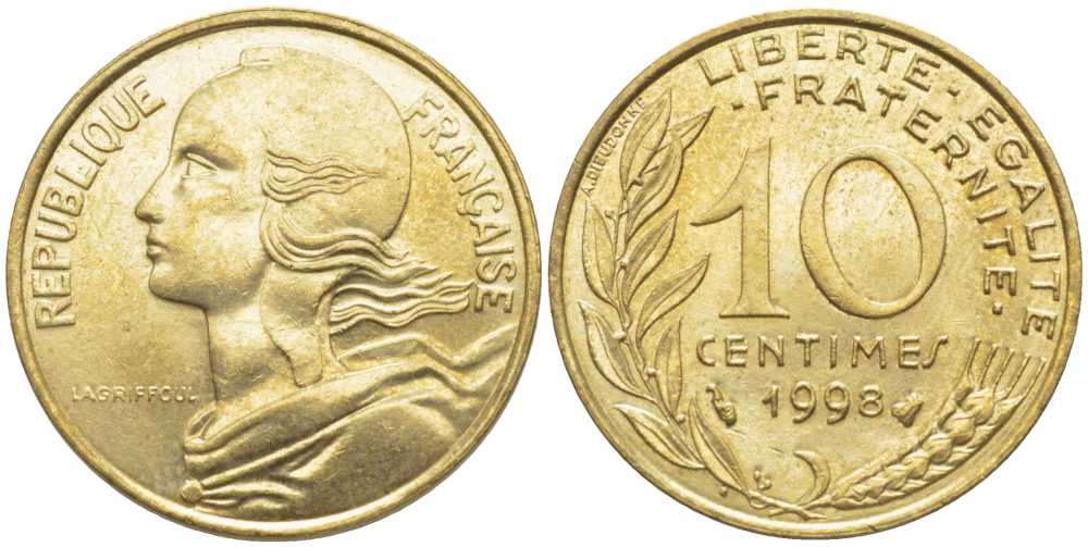 ФРАНЦИЯ 10 САНТИМОВ 1998 ТИП MARIANNE KM 929, LE FRANC 144.42 медь алюминий никель 116-436
