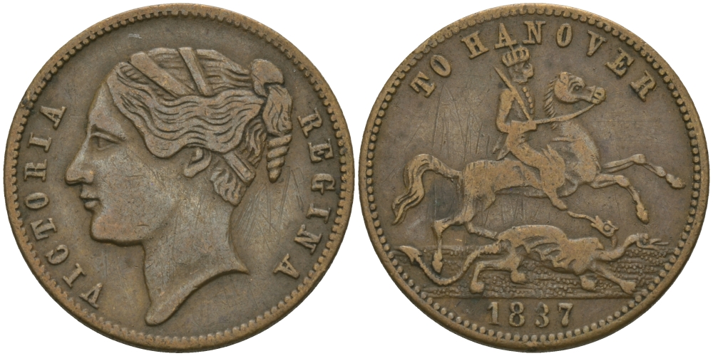 АНГЛИЯ ЖЕТОН, ТОКЕН 1837 КОРОЛЕВА ВИКТОРИЯ, ГАННОВЕР, ДИАМЕТР 21,5 ММ. бронза 98-834