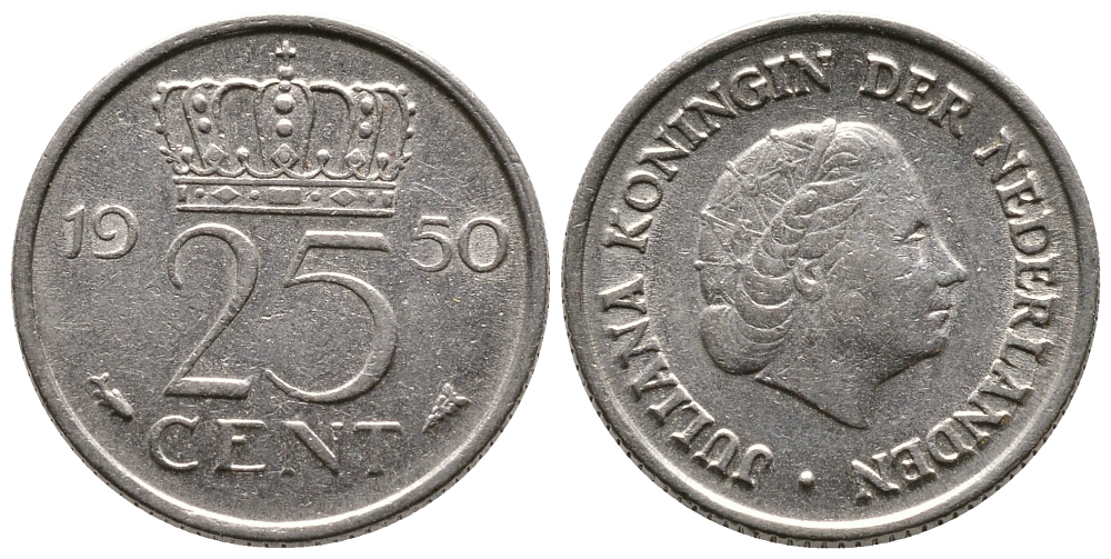 НИДЕРЛАНДЫ 25 ЦЕНТОВ 1950 ЮЛИАНА KM 183 никель 75-1116