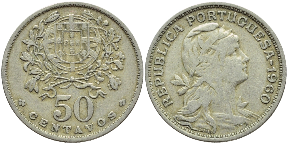 Португалия 50 сентаво 1960 KM 577 медно-никель 4395-812