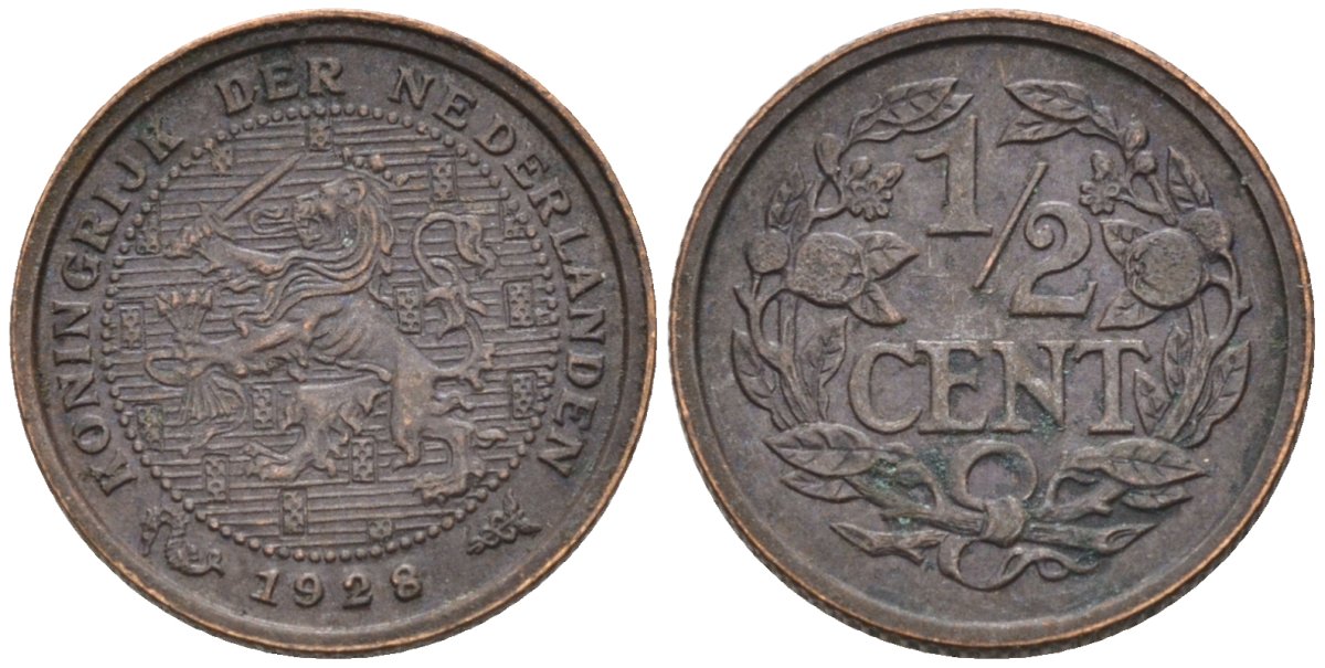 Нидерланды 1/2 цента 1928 Вильгельмина (1890-1948) KM 138 бронза 4576-516