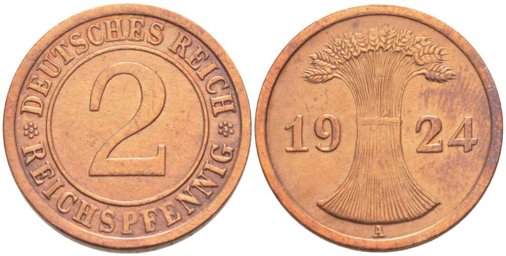 ГЕРМАНИЯ 2 РЕЙХСПФЕННИГА 1924 А KM 38, J. 314 бронза 206-1117