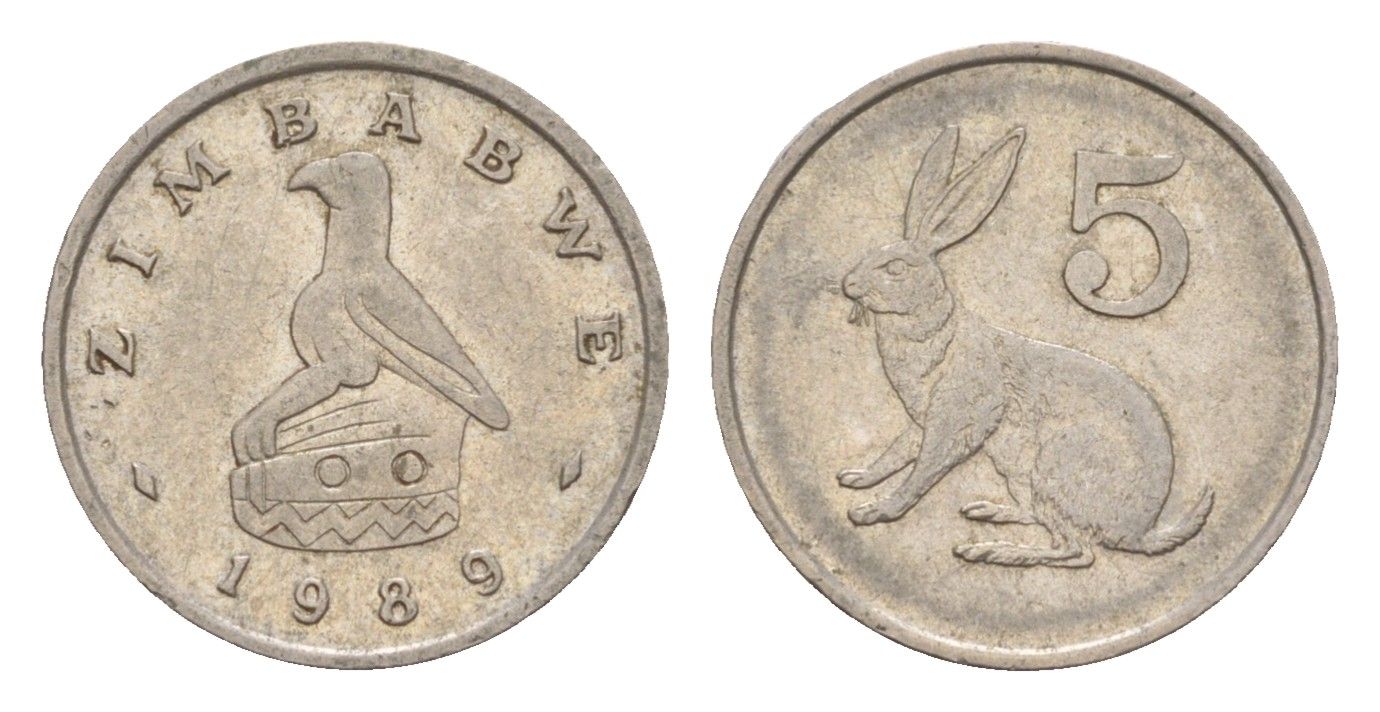Зимбабве 5 центов 1989 рыжий кролик KM 2 медно-никель 4655-747