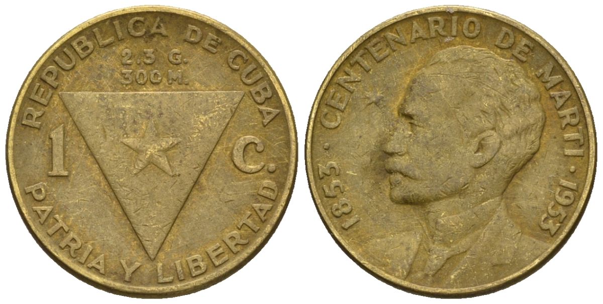 Куба 1 сентаво 1953 100 лет со дня рождения Хосе Марти KM 26, JMA 7, Y 20, Schoen 24 латунь 4115-236
