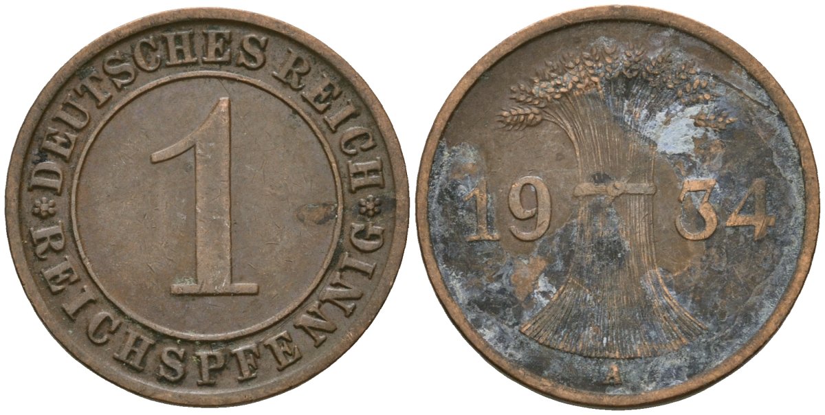 Германия 1 рейхспфенниг 1934 A KM 37, J. 313 бронза 4189-1225