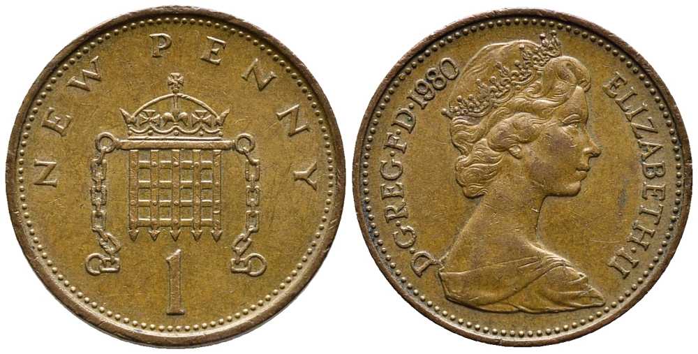 Великобритания 1 пенни 1980 Елизавета II (1952-2022) KM 915, Spink 4237 (B1) бронза 24-1234