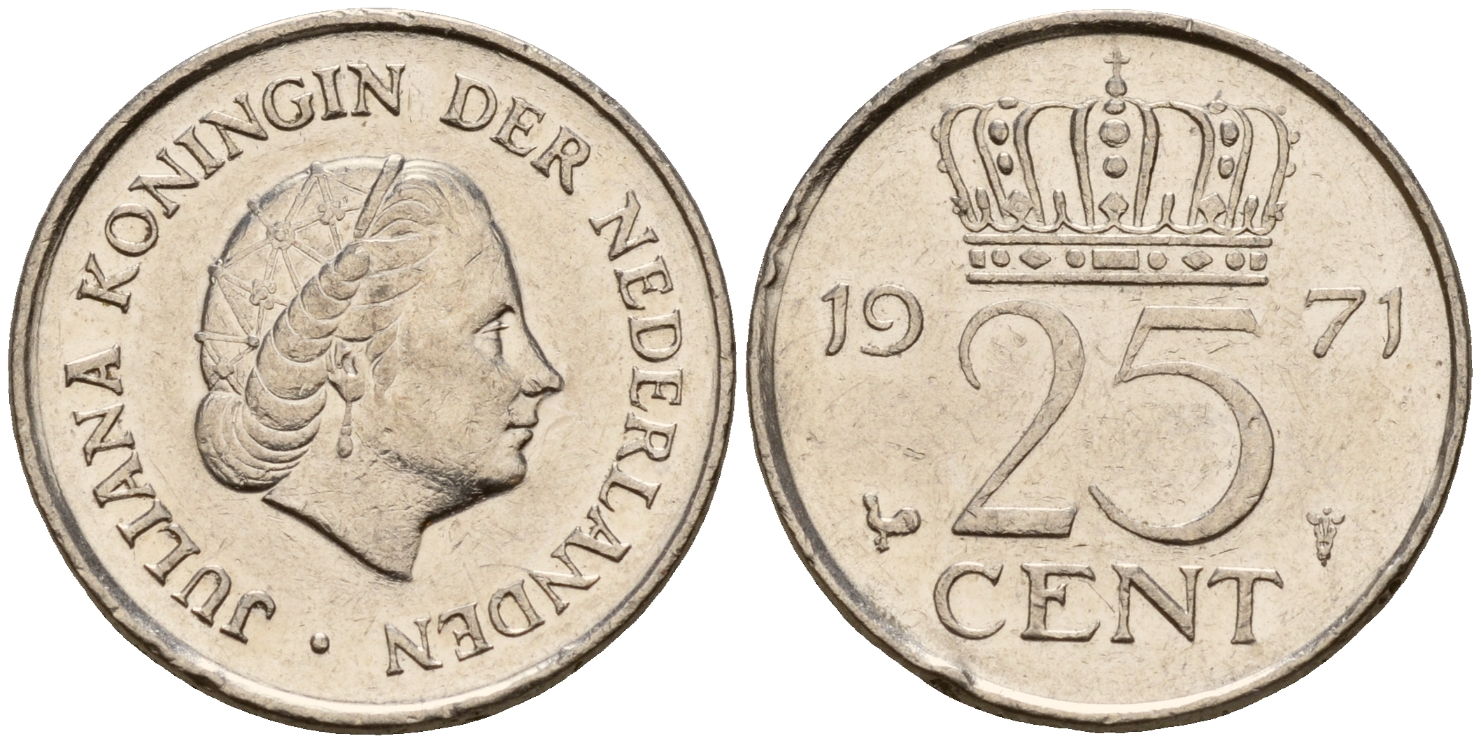 Нидерланды 25 центов 1971 Юлиана (1949-1980) KM 183 никель    4598-458