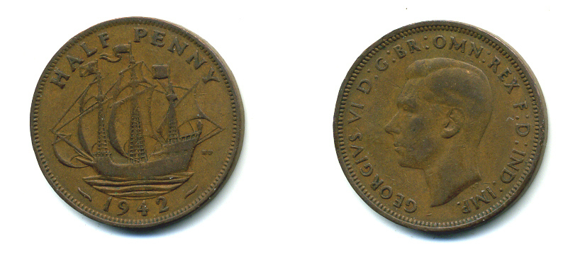 Великобритания 1/2 пенни 1942 Георг VI (1936-1952) KM 844, Spink 4115 бронза 4383-1021