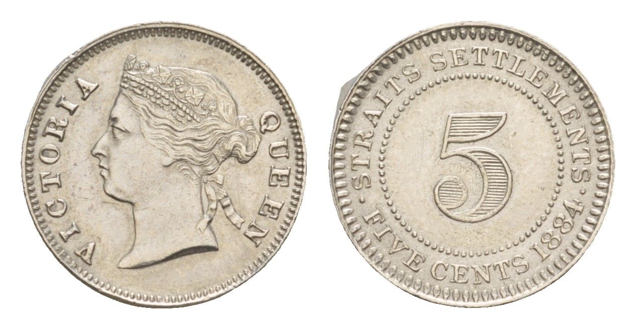 Стрейтс-Сетлментс (Стрейтс Сетлментс) 5 центов 1884 Виктория (1837-1901) KM 10 серебро aUNC 1521-645