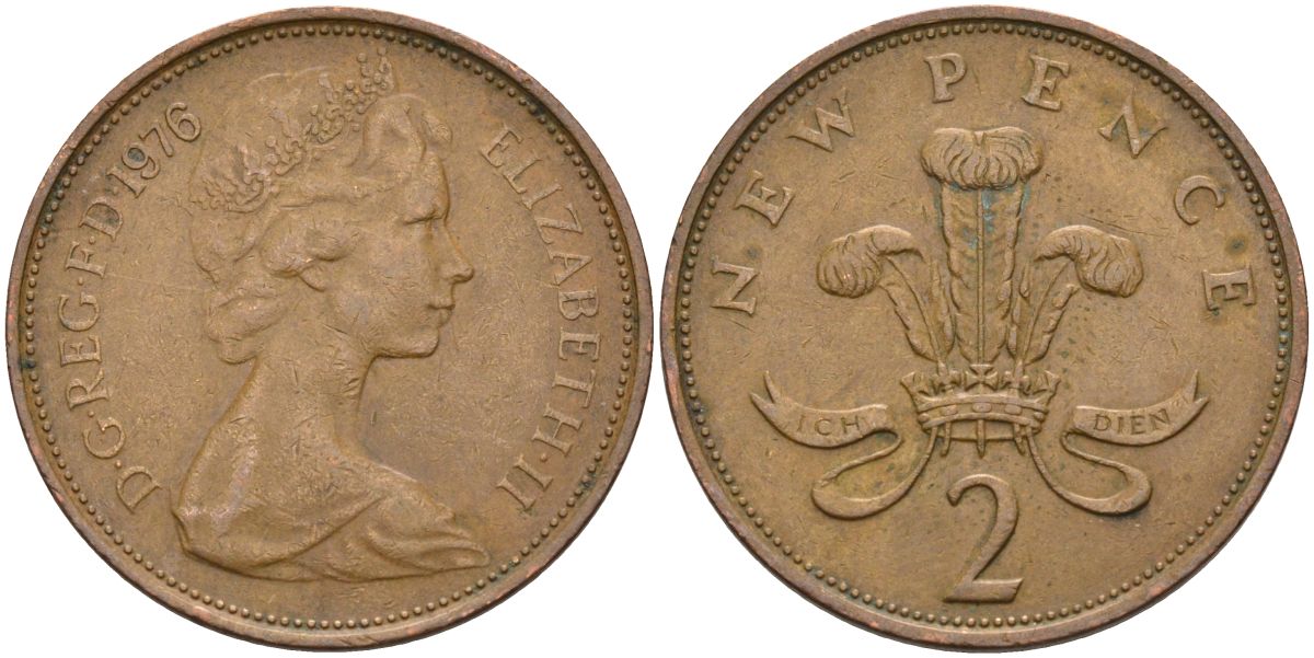 Великобритания 2 пенса 1976 Елизавета II (1952-2022) KM 916, Spink 4235 (C1) бронза 4593-833