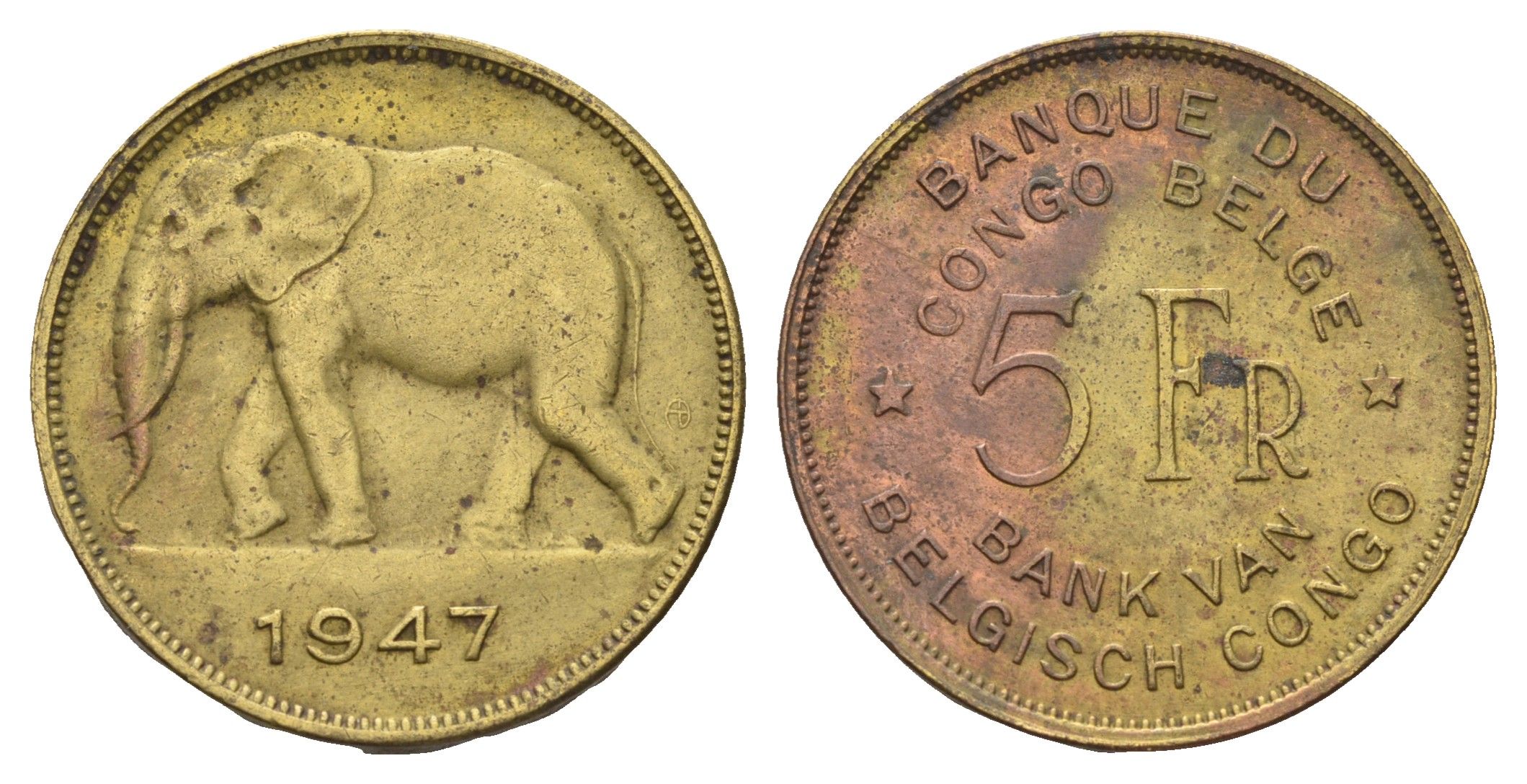 Бельгийское Конго 5 франков 1947 слон, Леопольд III, год тип KM 29 латунь 4127-1813