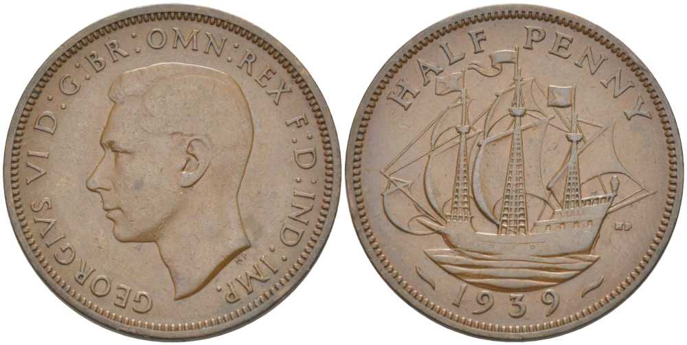 Великобритания 1/2 пенни 1939 Георг VI (1936-1952) KM 844, Spink 4115 бронза 117-1011