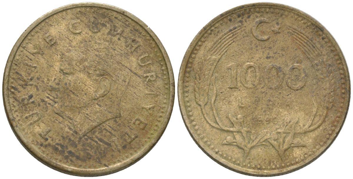 Турция 1000 лир 1990 Кемаль Ататюрк KM 97 медь цинк никель 4605-125