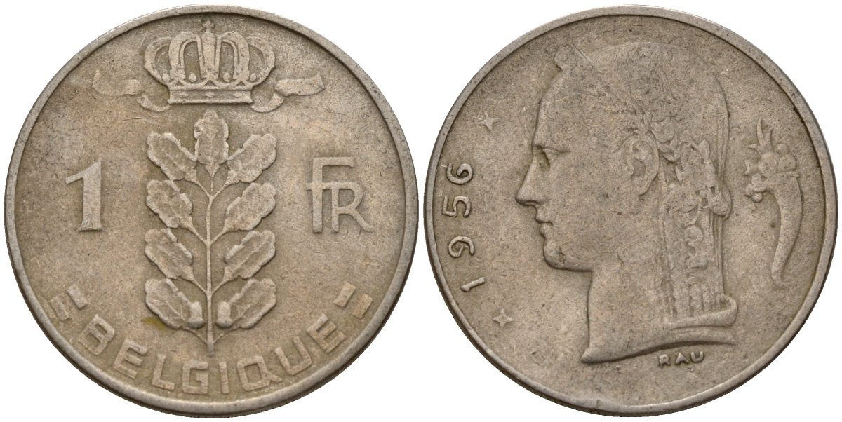 Бельгия 1 франк 1956 Belgique, Бодуэн I (1951-1993) KM 142 медно-никель 4156-622