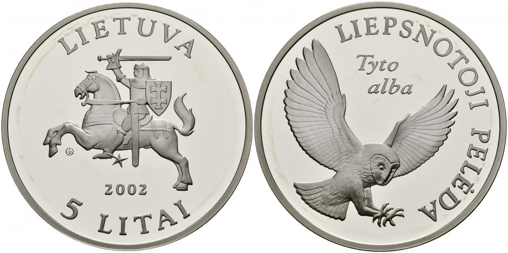 Литва 5 литов 2002 Сова, Tuto alba KM 132 серебро PROOF 11-226-42