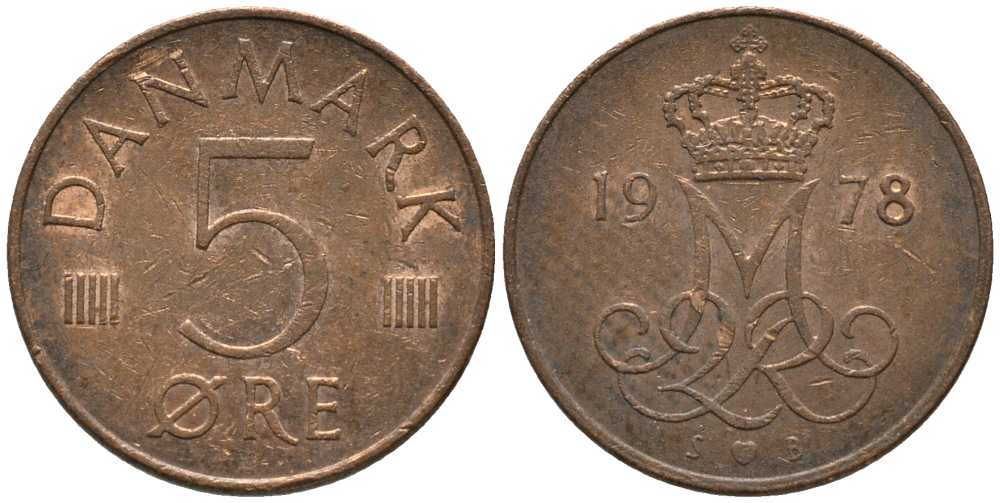 ДАНИЯ 5 ЭРЕ 1978 S; B, МАРГРЕТЕ II (1972-) KM 859.1 железо плакированное медью 116-158