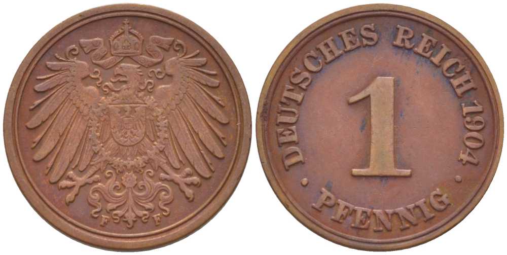 ГЕРМАНИЯ 1 ПФЕННИГ 1904 F KM 10, J. 10, Weege 2 медь 211-315