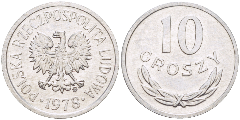 ПОЛЬША 10 ГРОШЕЙ 1978 MW KM AA47, Parchimowicz 206r алюминий UNC 4181-1136