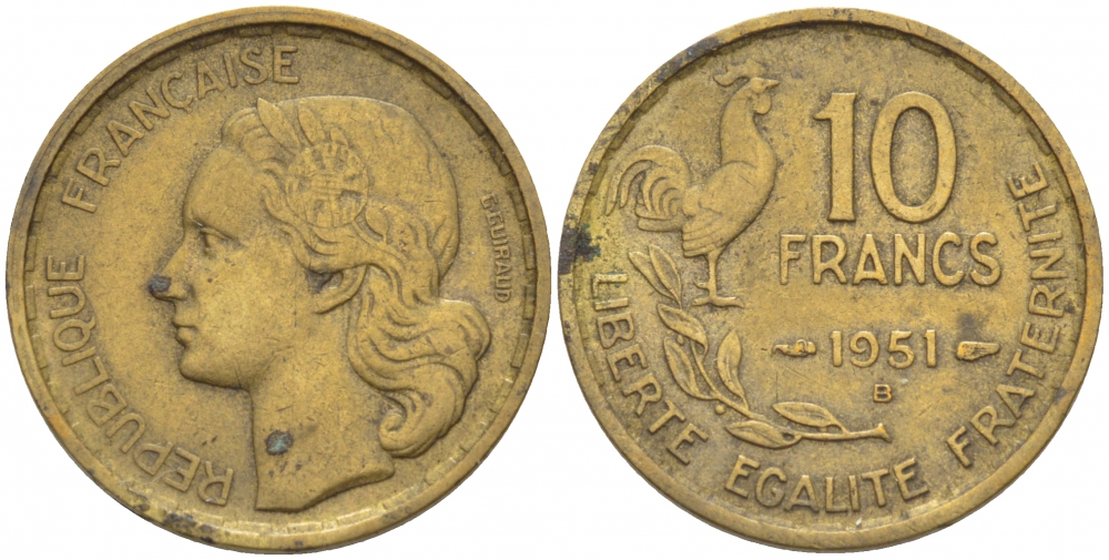 Франция 10 франков 1951 B, петух KM 915.2, Le Franc 363.5 алюминиевая бронза 4402-936