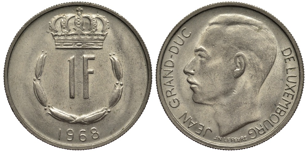 ЛЮКСЕМБУРГ 1 ФРАНК 1968 ВЕЛИКИЙ ГЕРЦОГ ЖАН (1964-2000) KM 55 медно-никель 4538-925