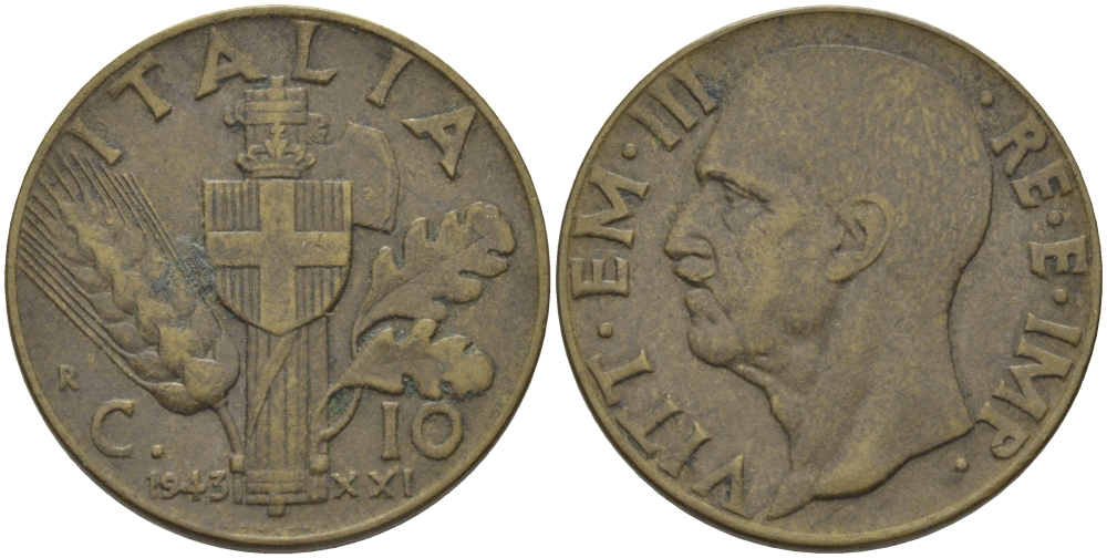ИТАЛИЯ 10 ЧЕНТЕЗИМО 1943 R, XXI ГОД, ВИКТОР ИМАНУИЛ III KM 74а алюминиевая бронза 28-115