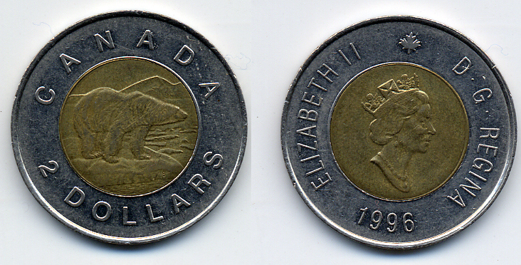 КАНАДА 2 ДОЛЛАРА 1996 ЕЛИЗАВЕТА II (1952-), ПОЛЯРНЫЙ МЕДВЕДЬ KM 270 биметалл 54-1241