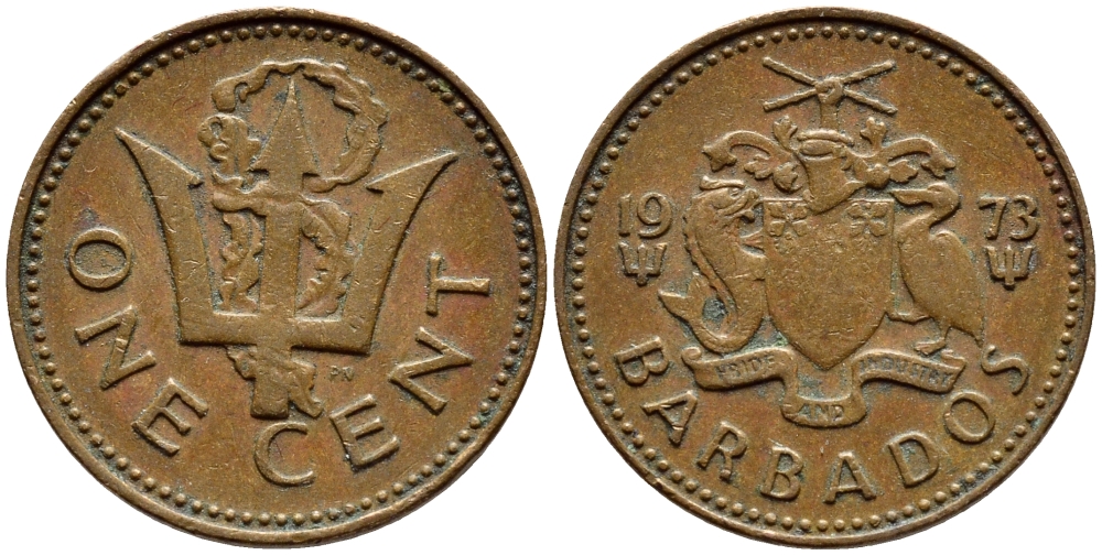 Барбадос 1 цент 1973 сломанный трезубец Британии KM 10 бронза 4396-1236