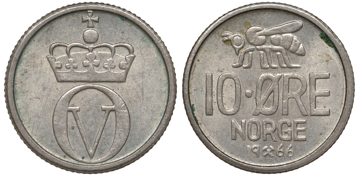 НОРВЕГИЯ 10 ЭРЕ 1966 KM 411 медно-никель 62-1216