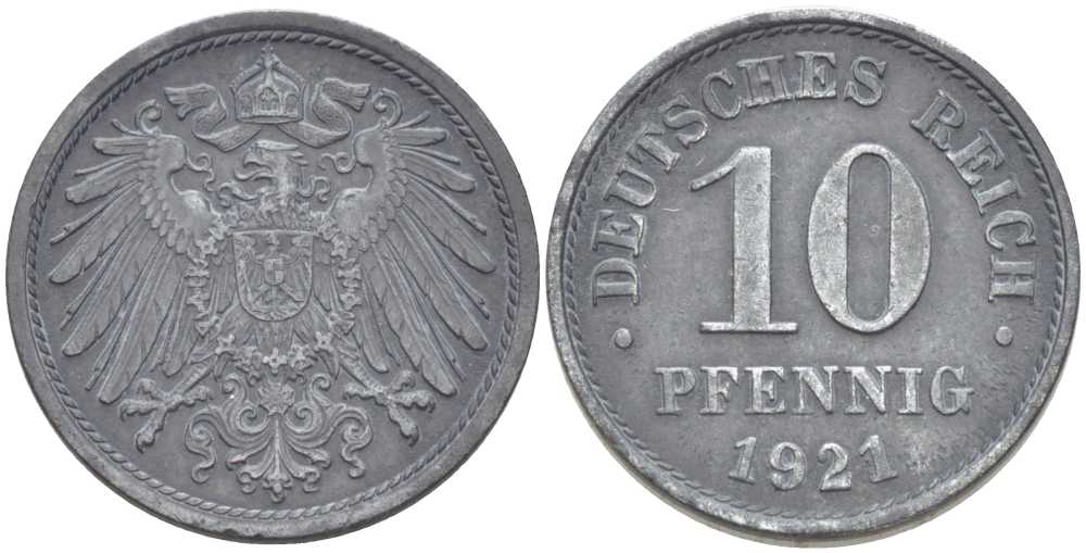 ГЕРМАНИЯ 10 ПФЕННИГОВ 1921 KM 26, J. 299 цинк 202-135